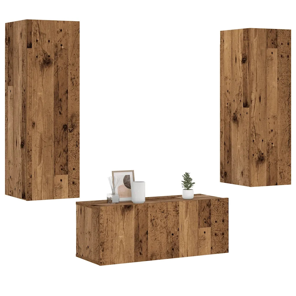 Mobili TV a Parete 3 pz-Credenza per TV sospesa Legno Antico in Legno Multistrato 982078
