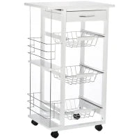 Carrello Isola da Cucina Salvaspazio in Legno di Pino, Carrello Portavivande con 4 Ruote Cassetto 3 Cesti Estraibili Portafrutta, Bianco