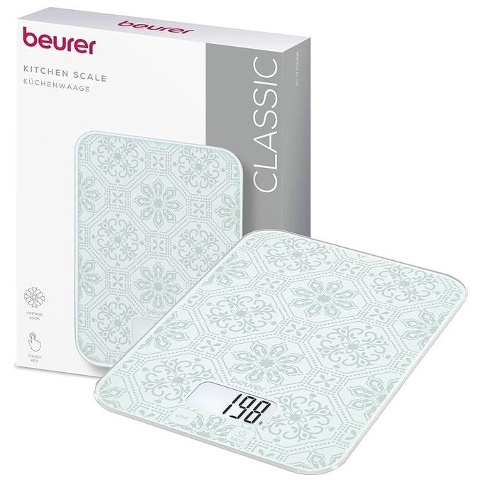Beurer 10682 KS 19 VINTAGE Bilancia da Cucina Digitale Capacita' 5 Kg Precisione 1 g Comando Touch Sensor Vetro colore Bianco Grigio