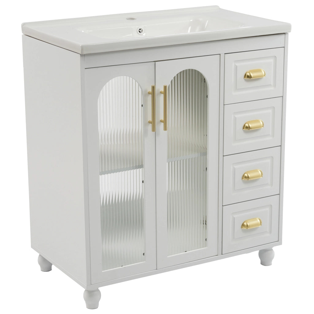 Mobile bagno bianco 80 cm con lavabo in porcellana e 3 cassetti