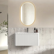 Mobile bagno sospeso con lavabo integrato; 1 cassetto e specchio LED antiappannamento; bordi arrotondati; bianco