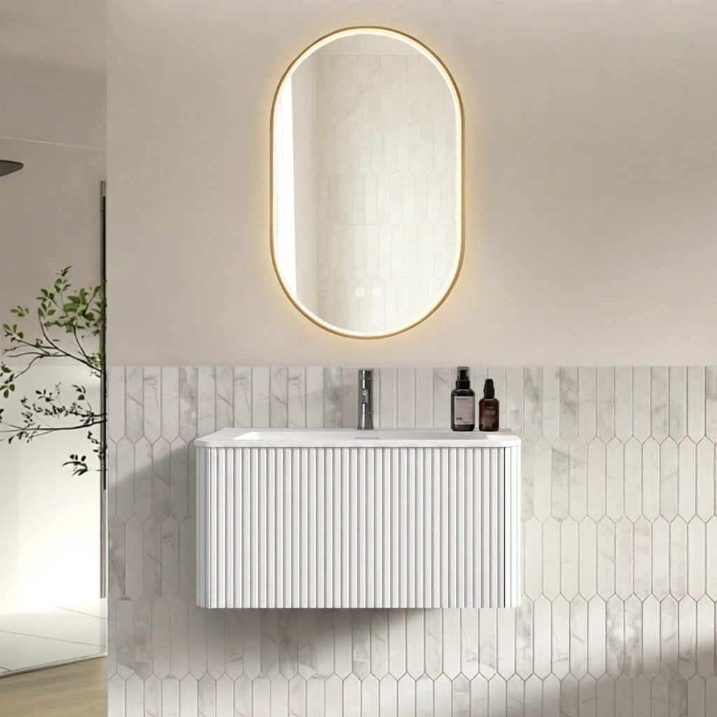 Mobile bagno sospeso con lavabo integrato; 1 cassetto e specchio LED antiappannamento; bordi arrotondati; bianco