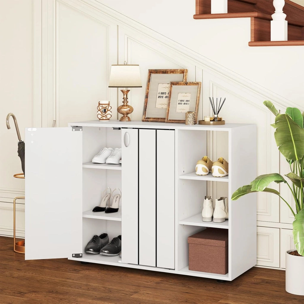 Mobiletto per Scarpe con Ante, Scaffale Porta Scarpe a 3 Ripiani con Mensole Regolabili, Organizzatore in Legno per Ingresso, Corridoio e Soggiorno, 80 x 31 x 64,5 cm (Bianco)