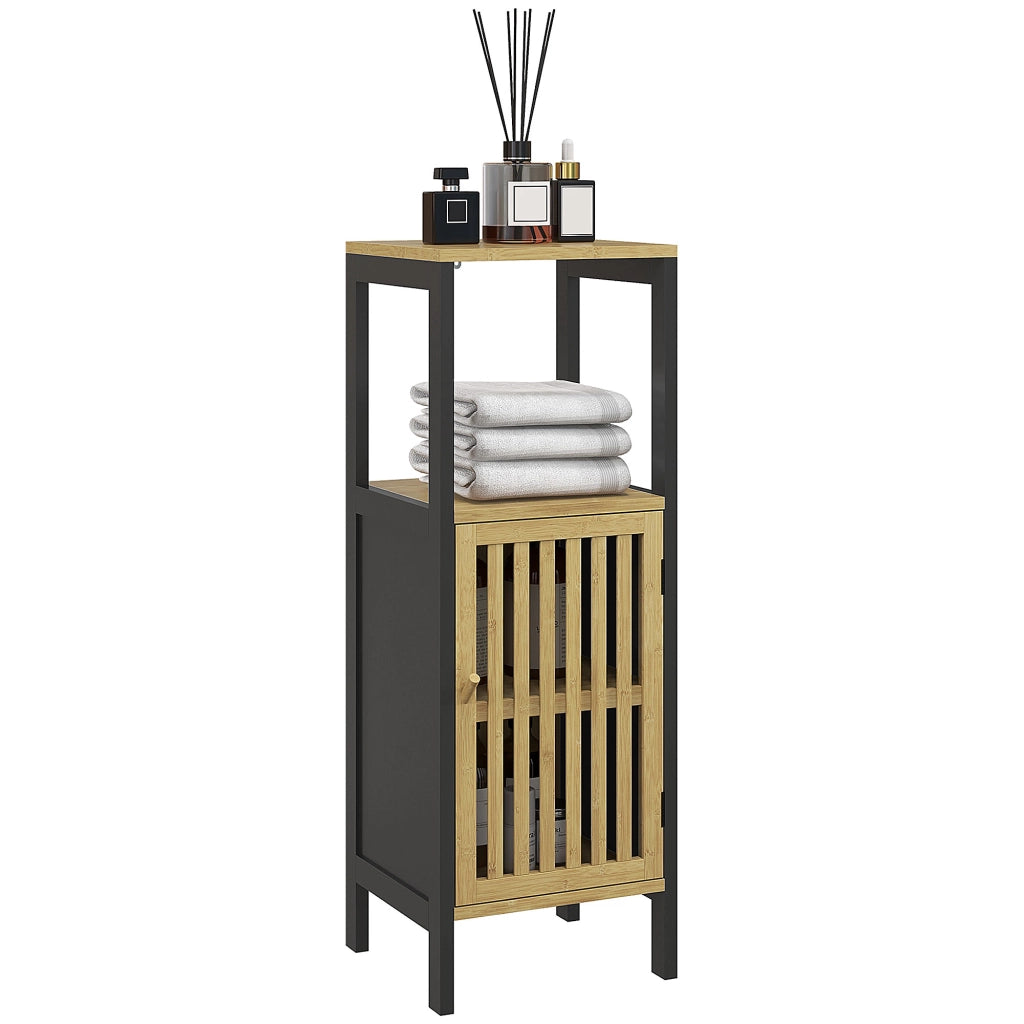 Mobiletto Bagno con Ripiano Aperto e Armadietto, in MDF e Bamb¨´, 32x30x90.5 cm, Nero e color Legno