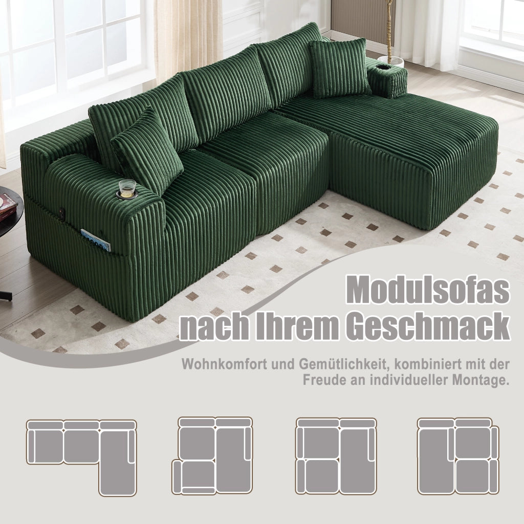 Divano modulare con chaise longue e 2 posti in velluto a coste con 5 cuscini e tasche laterali verde smeraldo