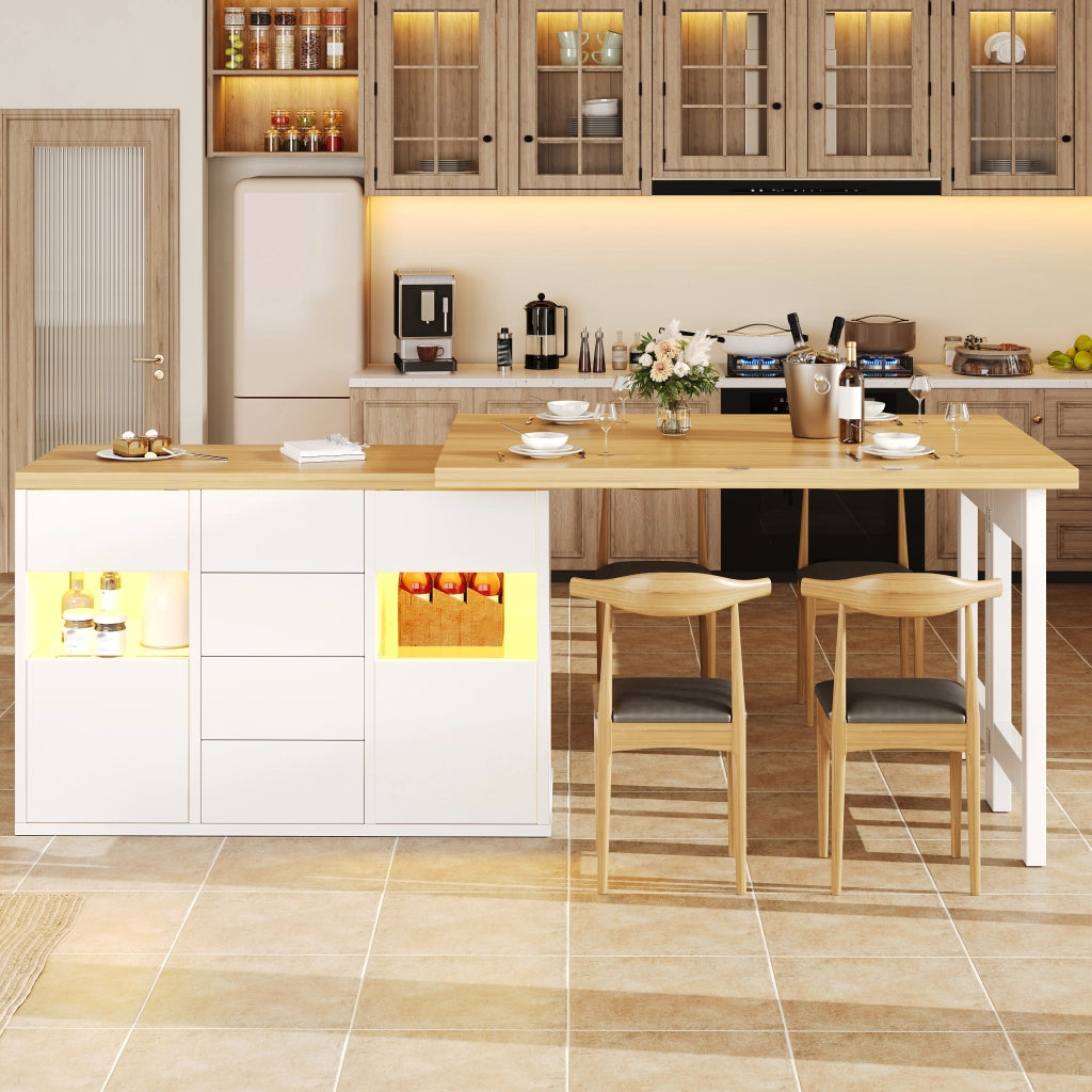 Isola cucina girevole 120-197 cm con LED RGB, 4 cassetti e ante in vetro, bianco