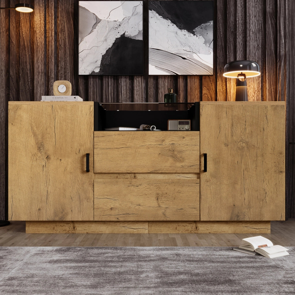 Credenza in rovere chiaro 140 cm con vetro ESG e 2 cassetti