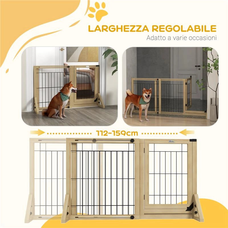 CANCELLETTO PER CANI ESTENSIBILE CON PORTA E 2 PANNELLI, PIEDINI TRIANGOLARI, 112-159X70 CM, LEGNO NATURALE