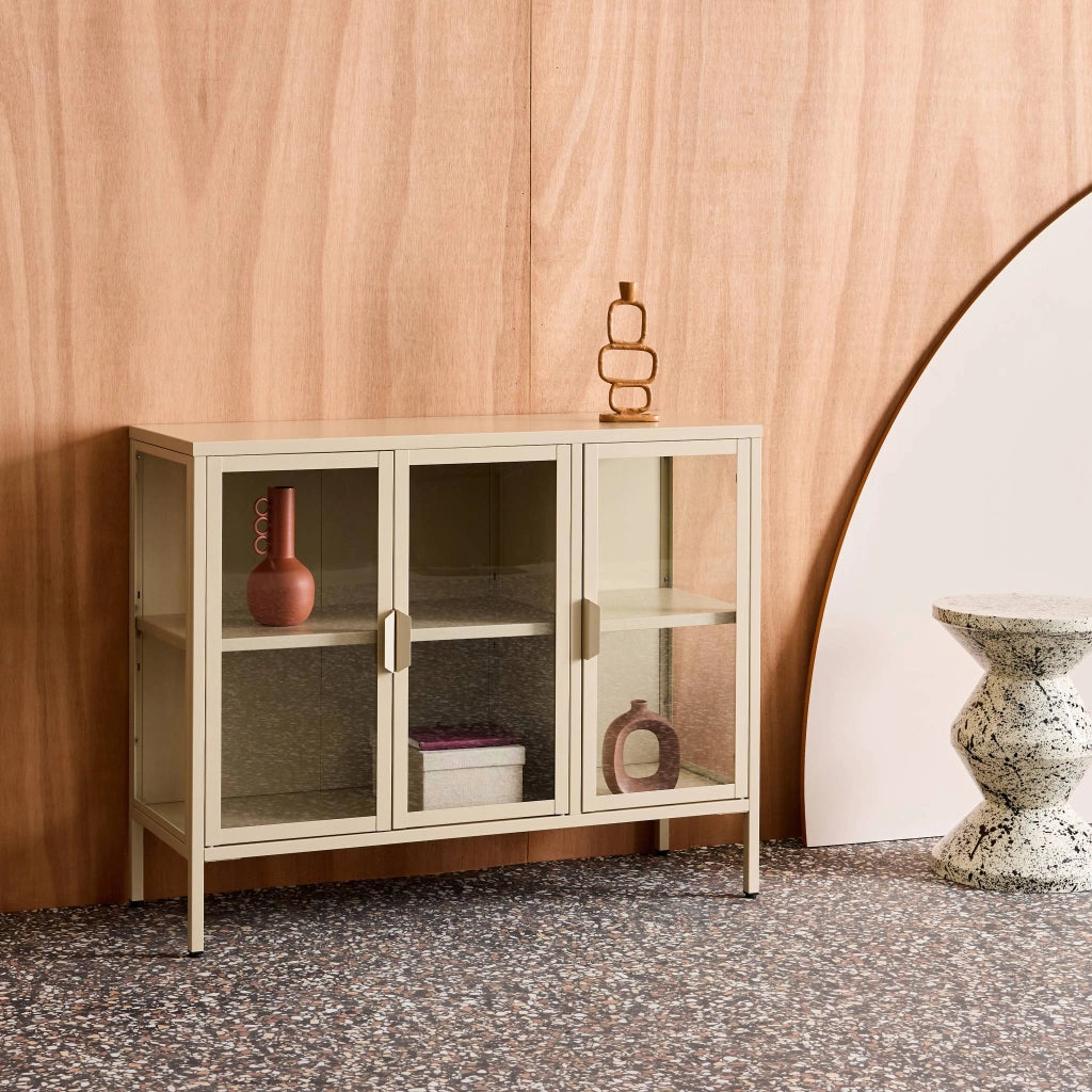 Credenza industriale in metallo e vetro temperato 3 ante, 100cm