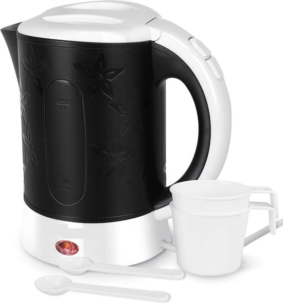 Caffettiera elettrica, 650 Watt, 0.6 Litro, Spegnimento automatico con protezione anti surriscaldamento, inclusa la scatola con 2 tazze e 2 cucchiai, Nero