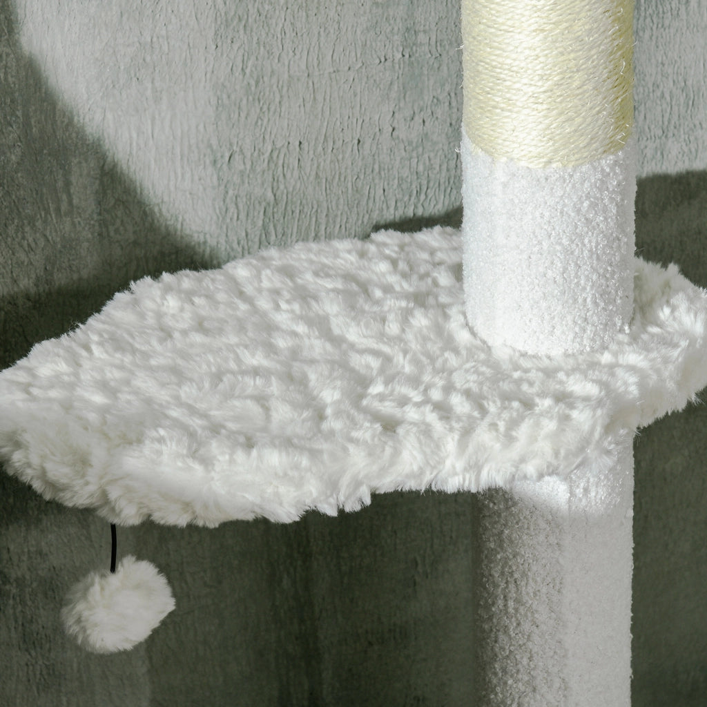Albero Tiragraffi per Gatti a Soffitto 48x32x225-255 cm Pali con Corda in Cotone Bianco