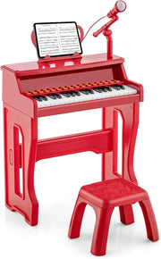 Pianola Bambini Musicale Tastiera, Tastiera Digitale a 37 Tasti, Mini Tastiera per Bambini con Effetti Luminosi e Microfono, Strumenti Musicali con Sgabello, 22 Battiti/8 Toni/8 Ritmi, Rosso