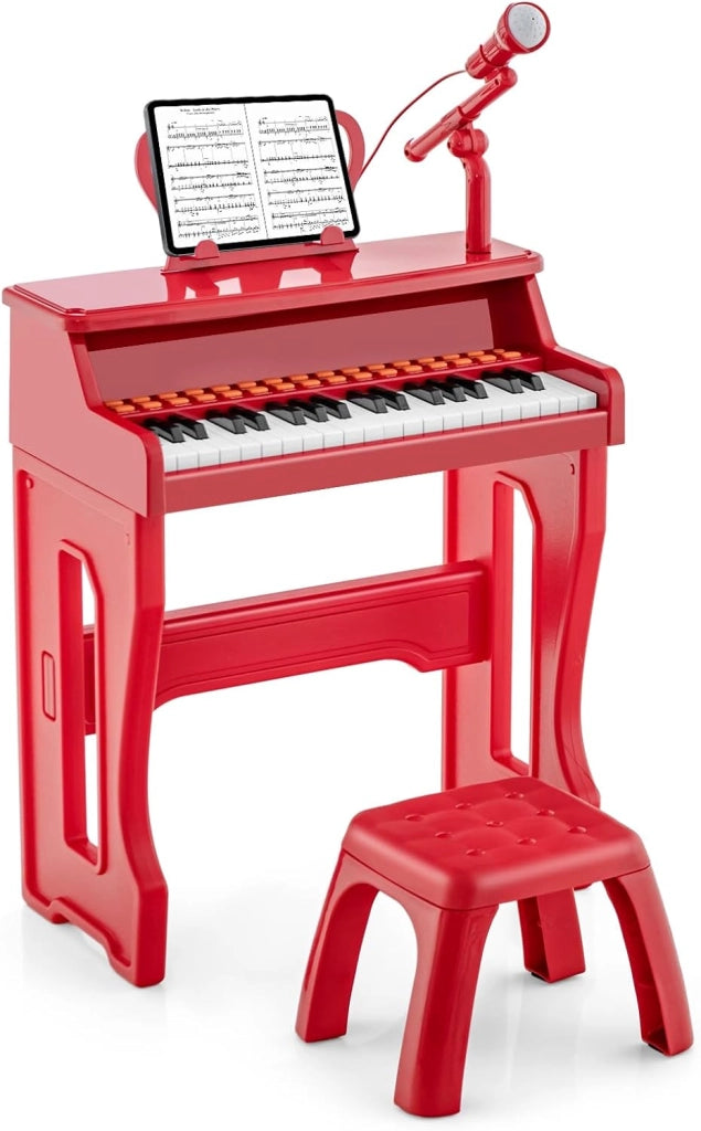 Pianola Bambini Musicale Tastiera, Tastiera Digitale a 37 Tasti, Mini Tastiera per Bambini con Effetti Luminosi e Microfono, Strumenti Musicali con Sgabello, 22 Battiti/8 Toni/8 Ritmi, Rosso