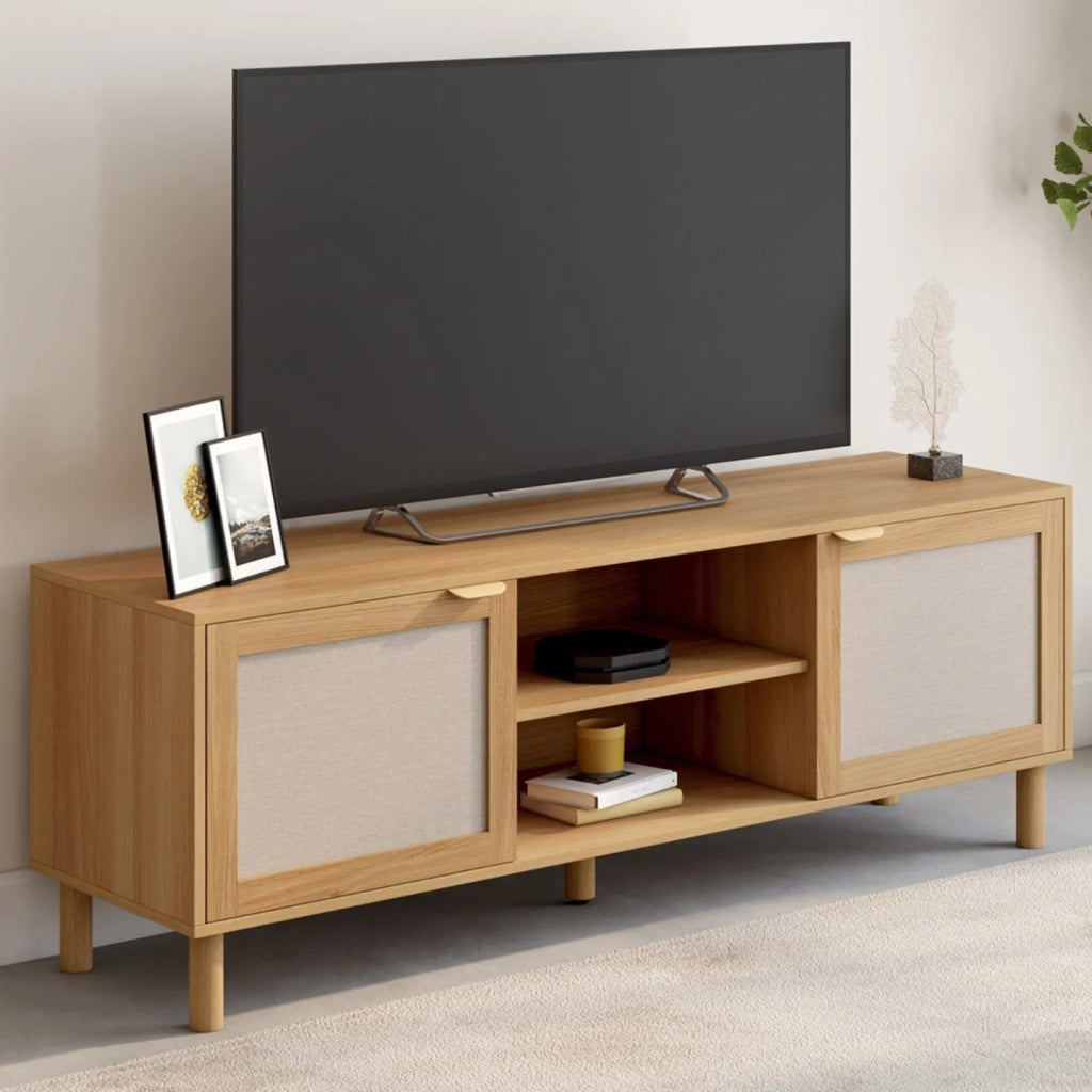IDMarket - Mobile TV ROBIN da 140 cm con 2 ante in tessuto effetto lino e legno