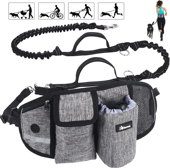 Cinturone per Cani a Mano Libera con Cinturino di Supporto Largo - Dampening Elastico - Cintura Adattabile alla Coscia - Riflettente - Borsa per Telefono - Peso di Resistenza fino a 60kg