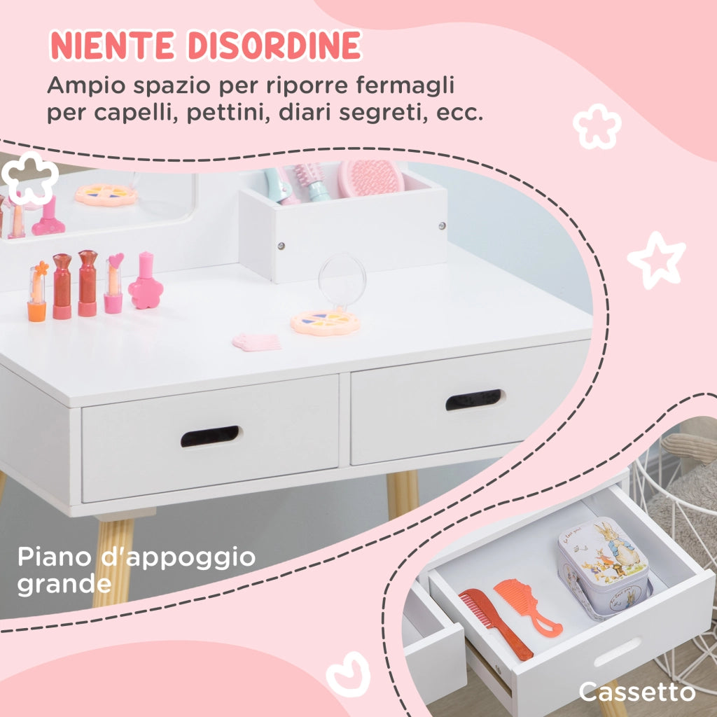 Set Toeletta per Bambini con Tavolo Trucco e Sgabello, Specchio e 2 Cassetti, Bianco e Colore Legno