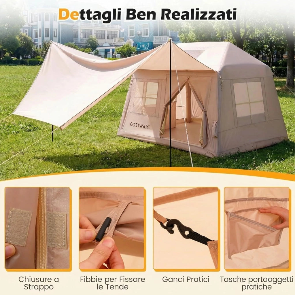 Tenda da Campeggio Gonfiabile per 4-6 Persone, Tenda Portatile da Esterno con Pompa, Porte e Finestre in Rete, Picchetti, Cordini Antivento e Borsa per il Trasporto per Viaggi e Escursionismo