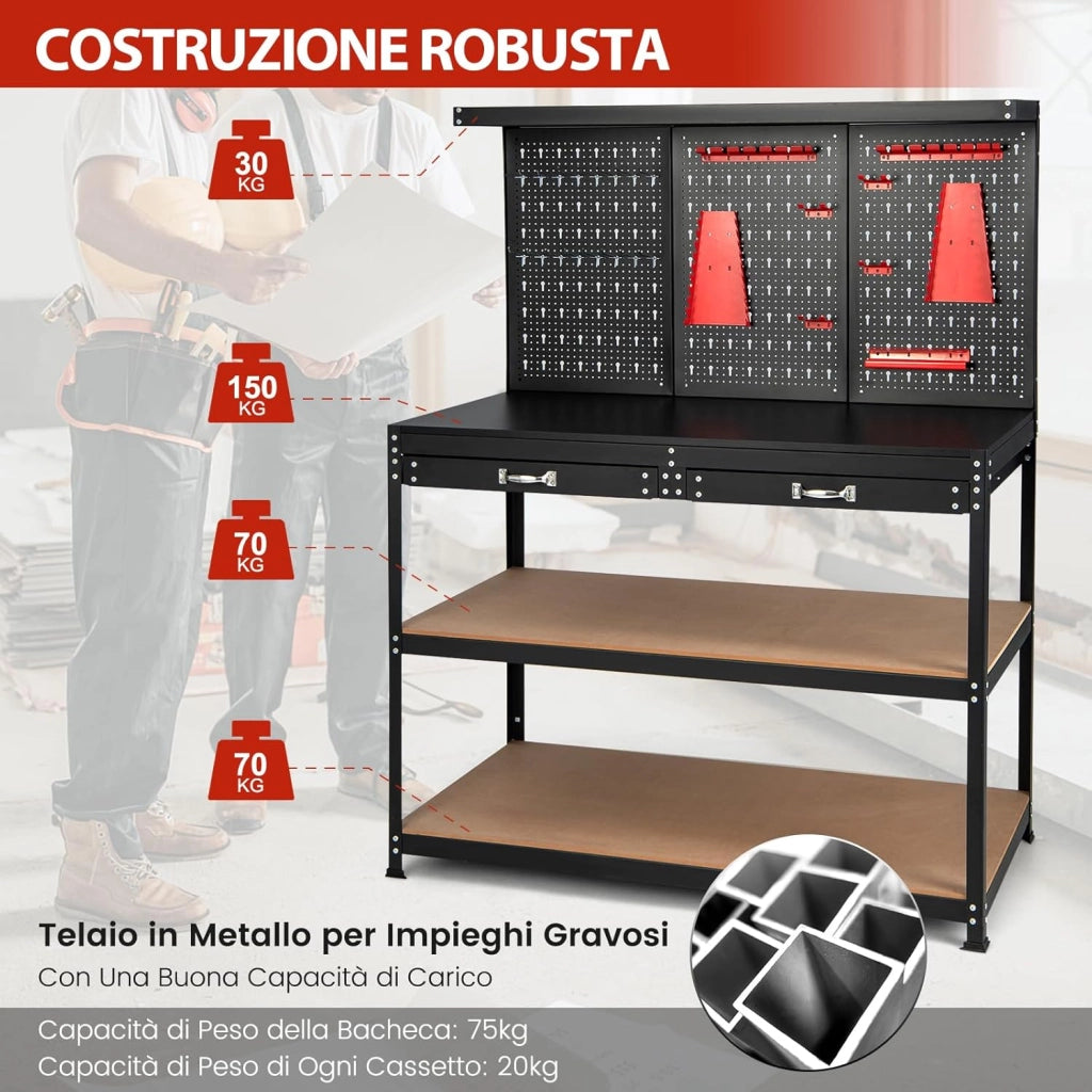 Banco da Lavoro con Pannello a Chiodi, Tavolo da Officina con Cassetti, Ripiani e 25 Accessori Appendibili, Carico Massimo 435 kg, per Garage, Casa, Officina e Magazzino