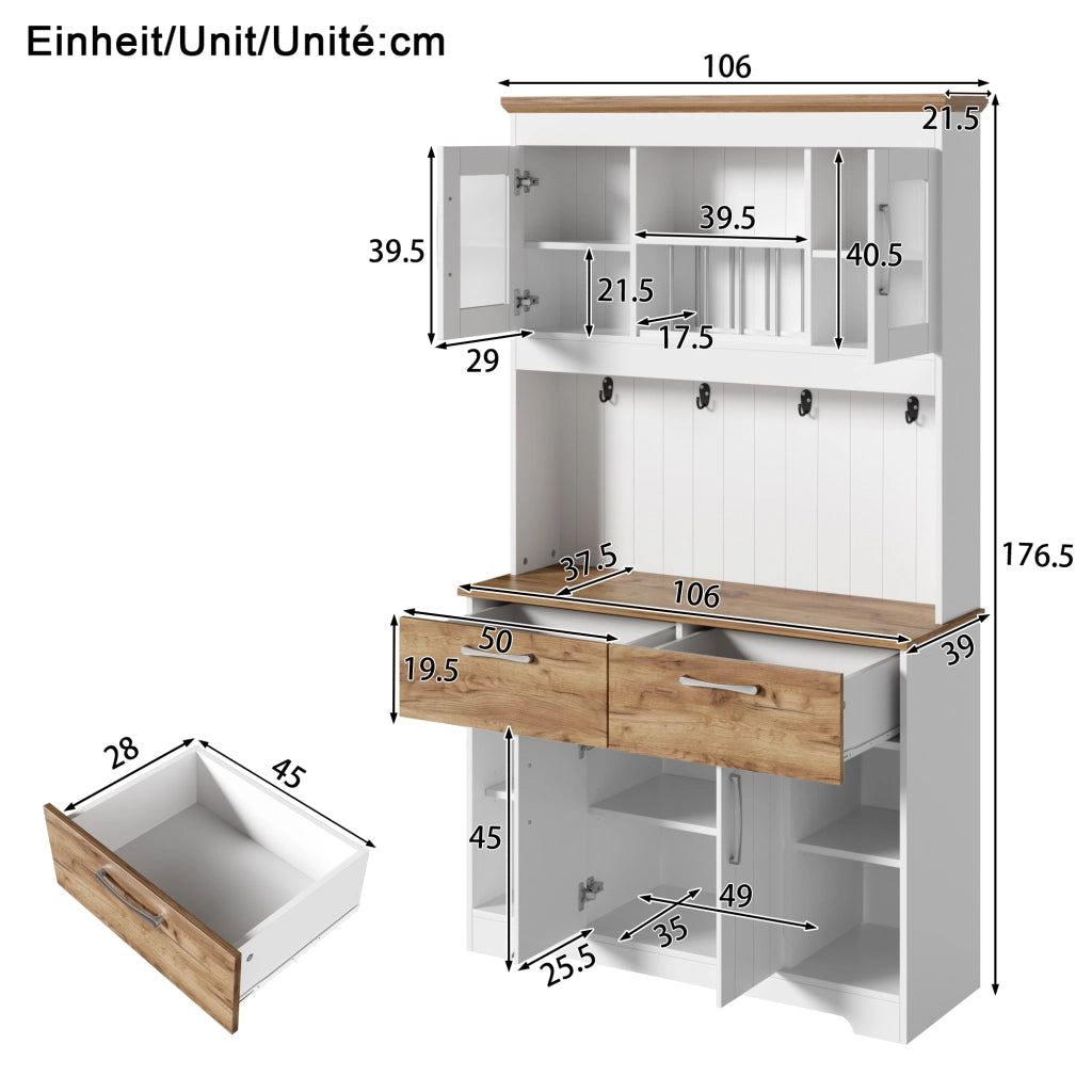 Credenza cucina con vetrina, 2 cassetti e ganci, bianco e naturale, 106x39x176,5 cm
