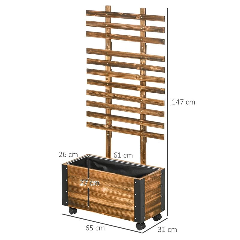FIORIERA CON TRALICCIO PER RAMPICANTI E ROTELLE, IN LEGNO DI ABETE, 65X31X147 CM, MARRONE