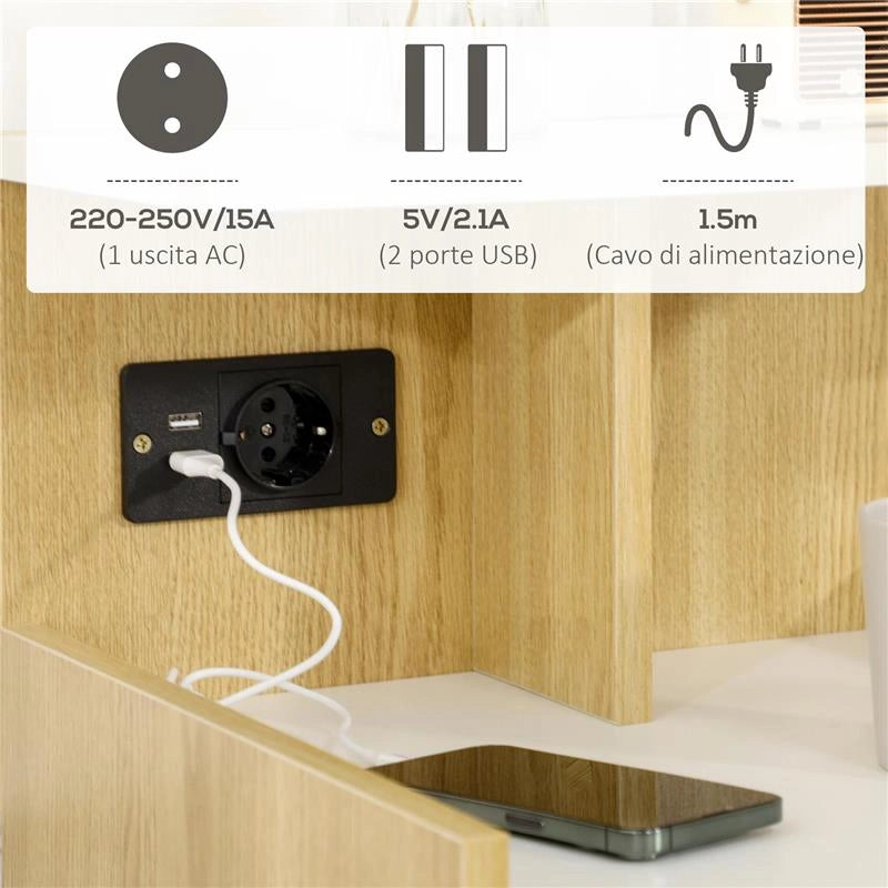 COMODINO MODERNO CON 2 PRESE, 2 PORTE USB E CASSETTO IN TRUCIOLATO, 40X40X60CM, COLOR LEGNO