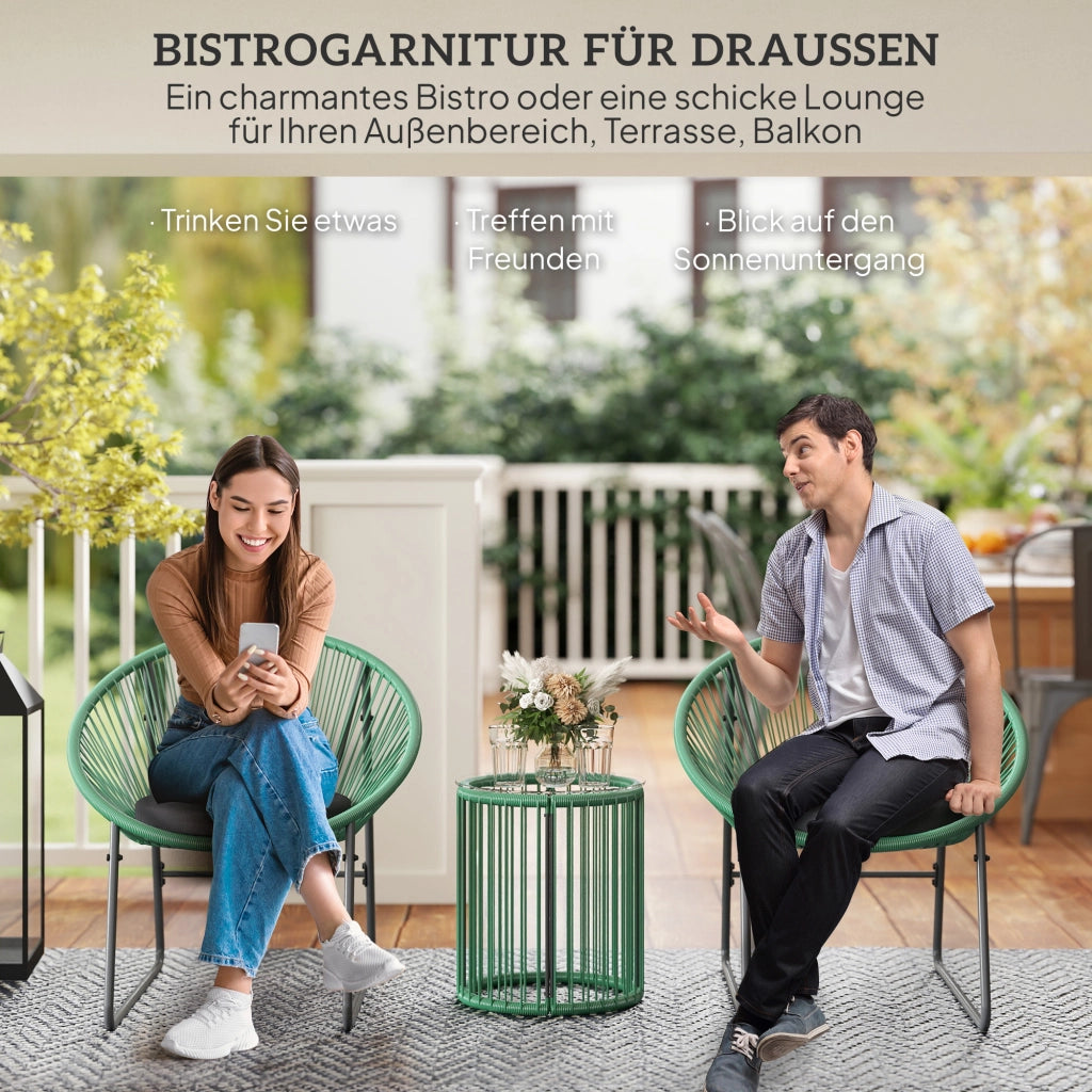 Set da giardino 3 pezzi ¨C zephmum ¨C tavolo con vetro, 2 sedie con cuscini, polirattan verde