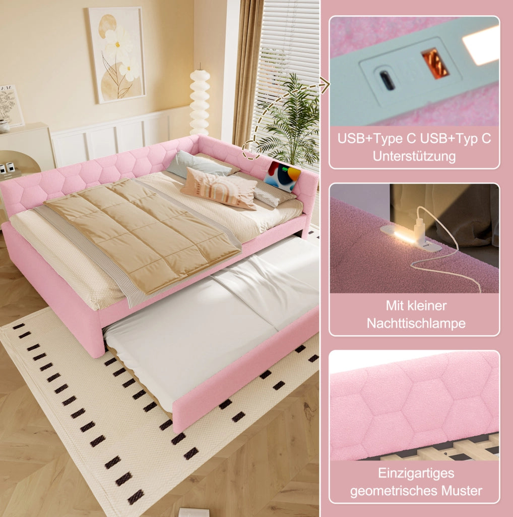 Daybed rosa 140x200 cm con letto estraibile, USB e luce