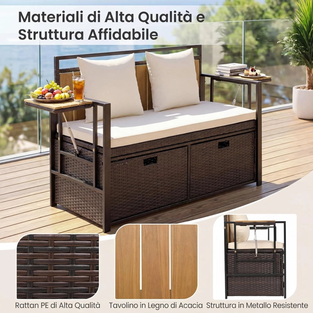 Panca da Giardino con Vano Contenitore, Panchina a 2 Posti in Rattan PE, con Tavolini Pieghevoli, Cuscini Imbottiti, per Esterno, Balcone, Terrazza, 120 x 51 x 82 cm, Portata 360 kg (Beige)