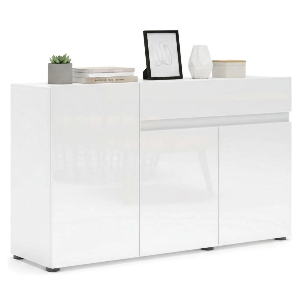 Credenza Deodata, Buffet da soggiorno, Madia da salotto, Dispensa da cucina, Made in Italy, 135x38h79 cm, Bianco lucido
