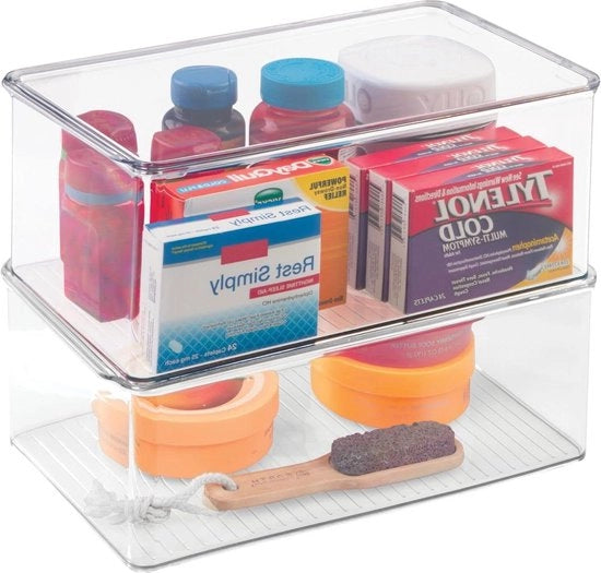 Set di 2 organizzatori per trucco - contenitori in plastica trasparenti per trucco con coperchio a cardini - ripiegabili e con etichetta per la catalogazione con parole chiave "cosmetica" e "organizzazione".
