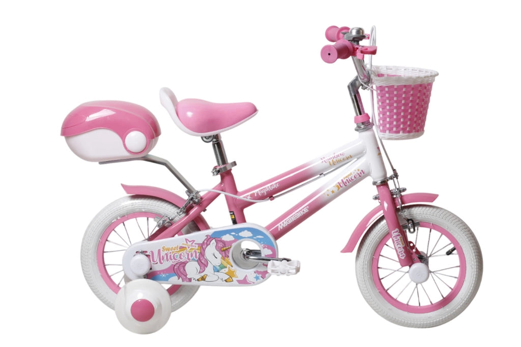Bicicletta per Bambine Unicorn 12 Pollici con Stabilizzatori Bauletto e Cestino Rosa Rosa
