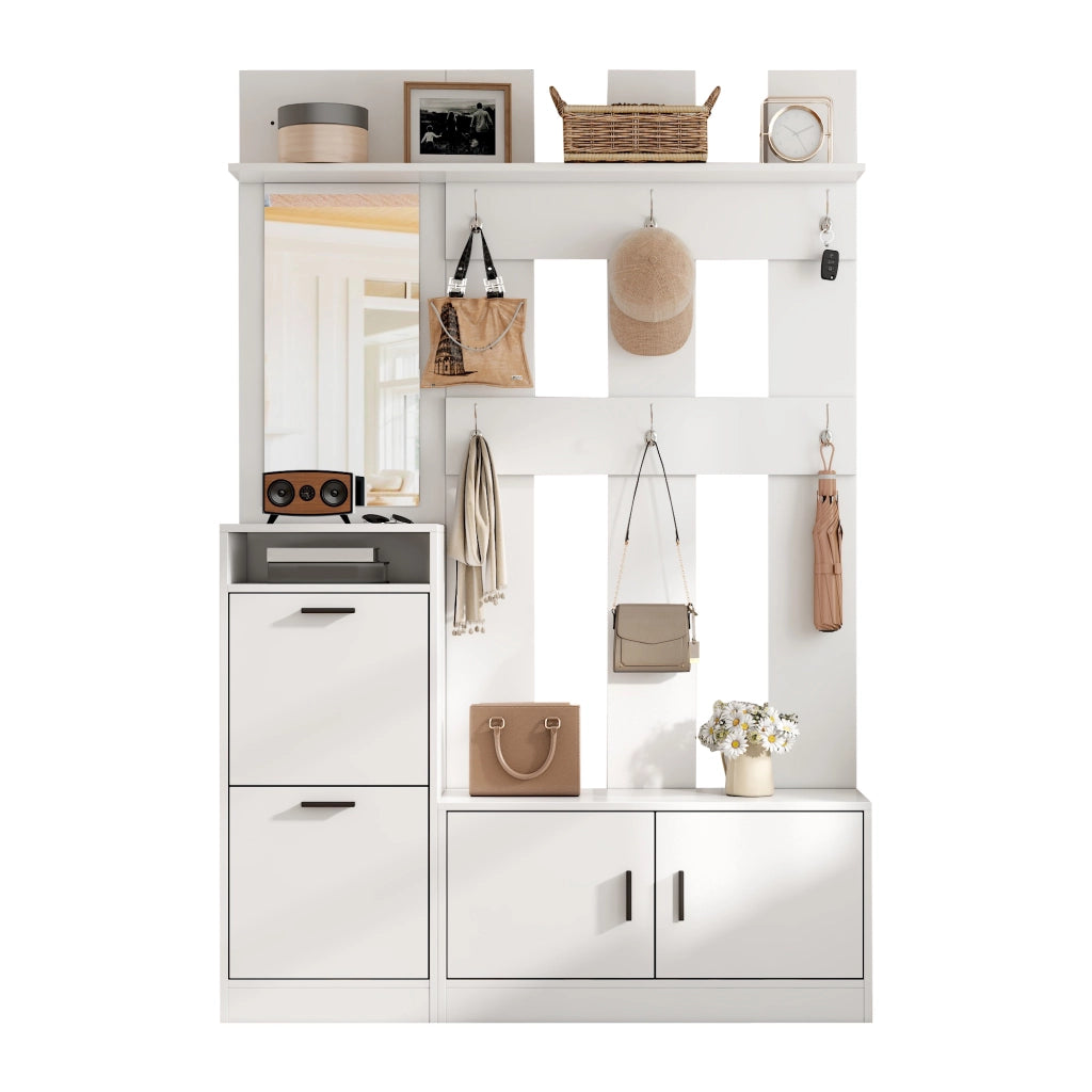 Mobile ingresso con 2 ante; 2 ribalte; 6 ganci e specchio; per ingresso; bianco; 120 × 30 × 180 cm