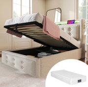 Letto singolo 90x200 cm imbottito in tessuto cotone e lino; con LED; USB e contenitore; beige