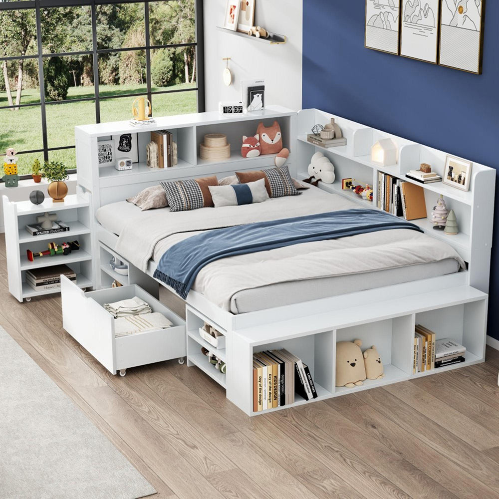 Letto singolo per bambini multifunzionale - Xylo - 140x190 cm - Bianco - Con cassetti e ripiani