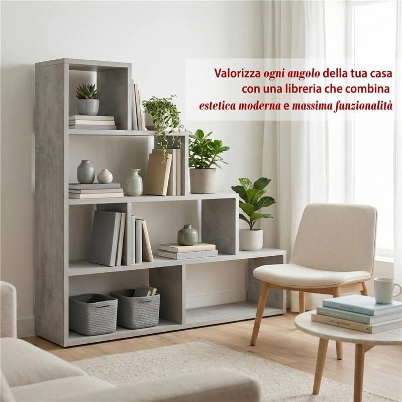 SCAFFALE A LIBRERIA DI DESIGN A SCALA L IN LEGNO DIMENSIONI 144X150X38 CM, COLORE CEMENTO