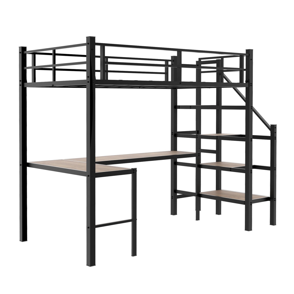 LETTO a soppalco 197x98x175,5 cm in ferro nero con scrivania a L e scala