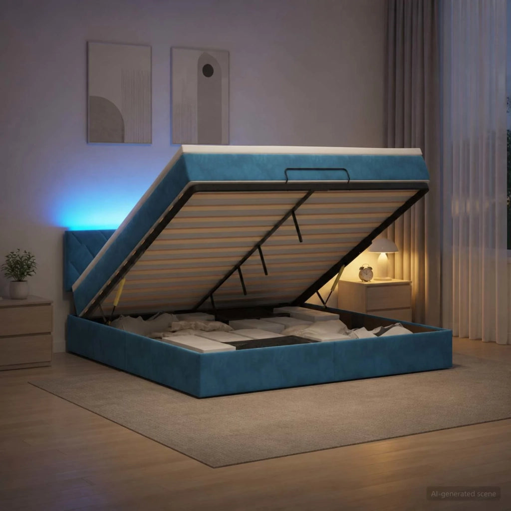 Letto Ottomano con Materasso e LED Blu scuro 180 x 200 cm 3457231