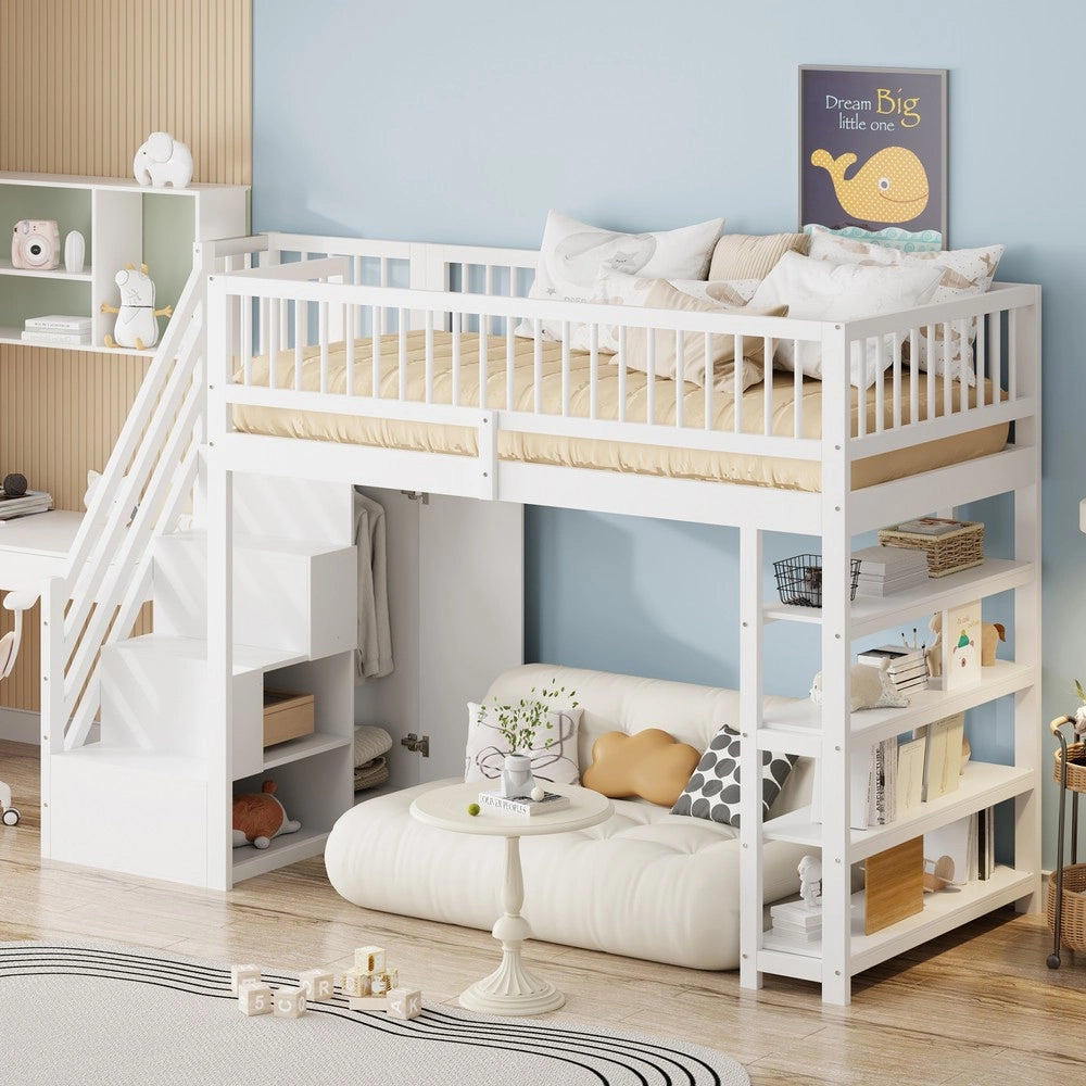 Letto a Soppalco con Armadio e Scaffali ¨C MINIMAL ¨C Massello Bianco 90x200