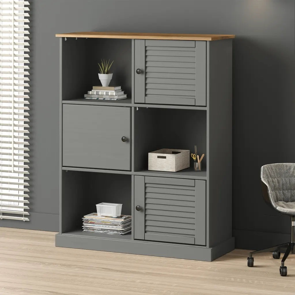 Libreria-Scaffale per Libri-Mobile di Stoccaggio VIGO 90x35x114,5 cm in Legno Massello di Pino Grigio