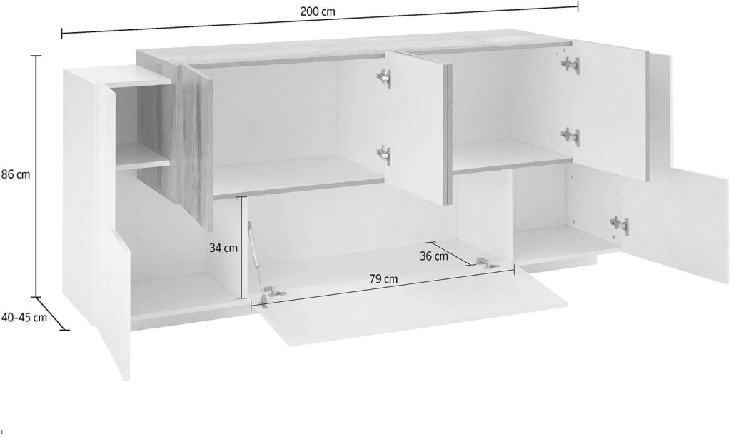 Credenza 7 Ante 200x45x86 cm New Coro Bianco Lucido e Acero Pereira