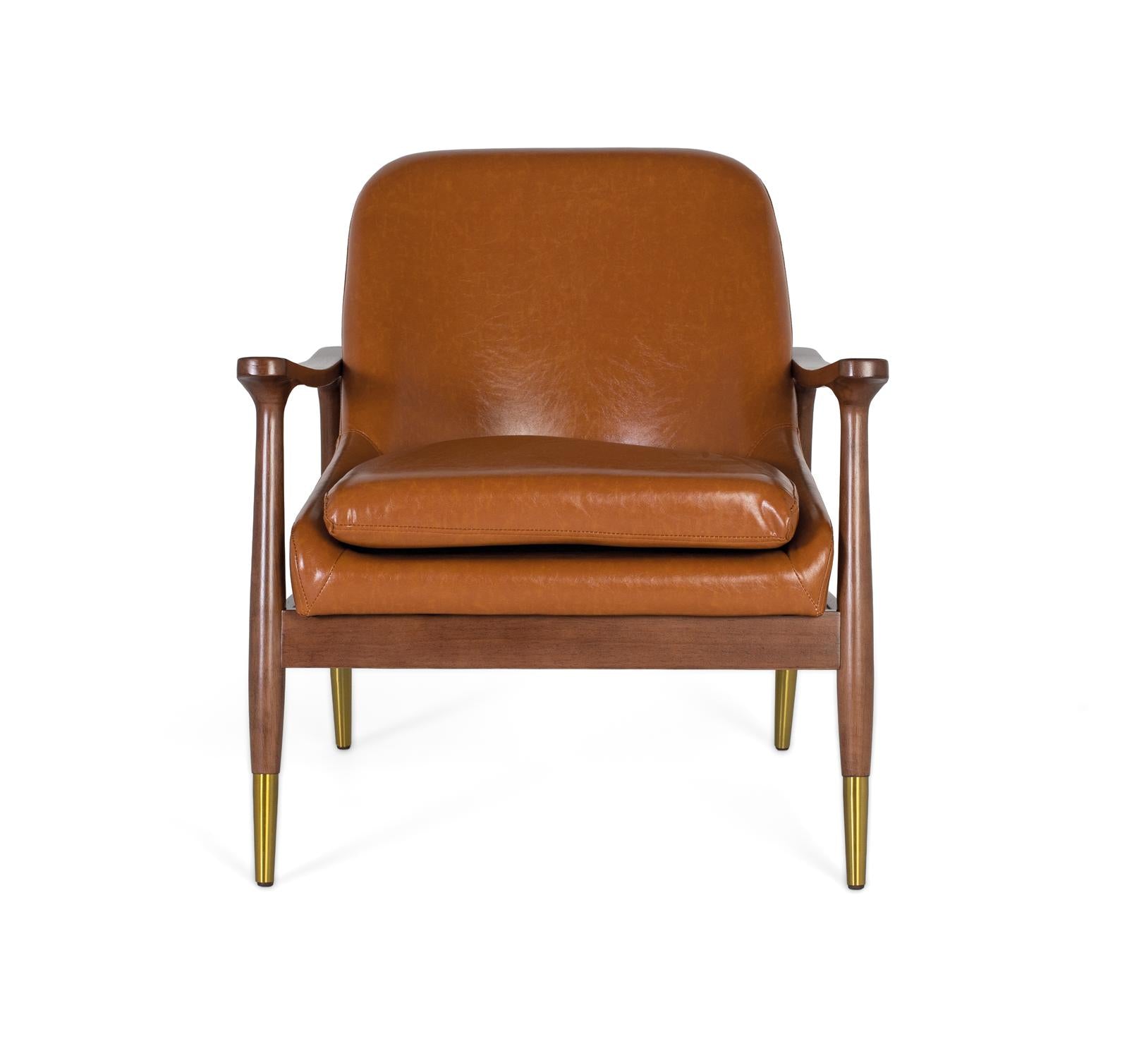 Poltrona moderna in legno e PU marrone con dettagli dorati