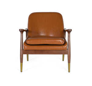 Poltrona moderna in legno e PU marrone con dettagli dorati