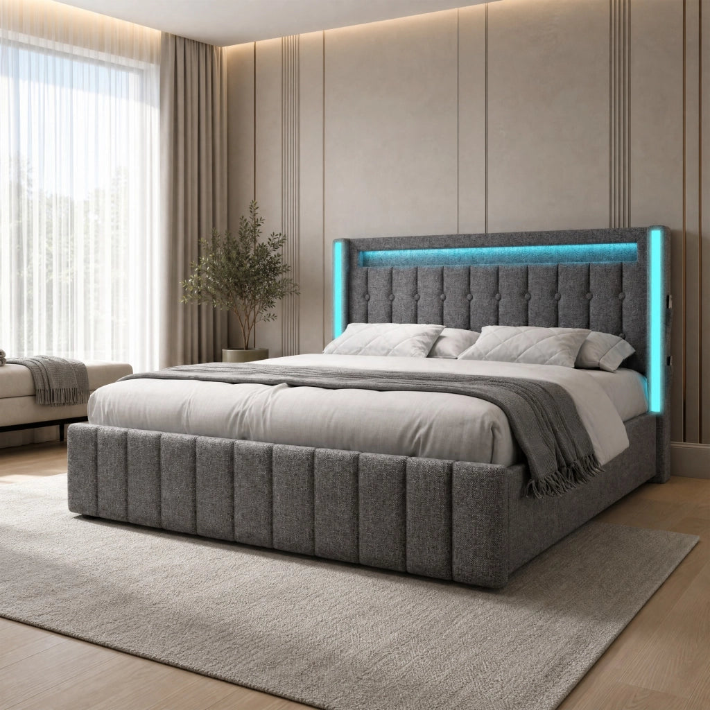 Letto imbottito 160x200 cm grigio con LED, ricarica USB-C e 4 cassetti