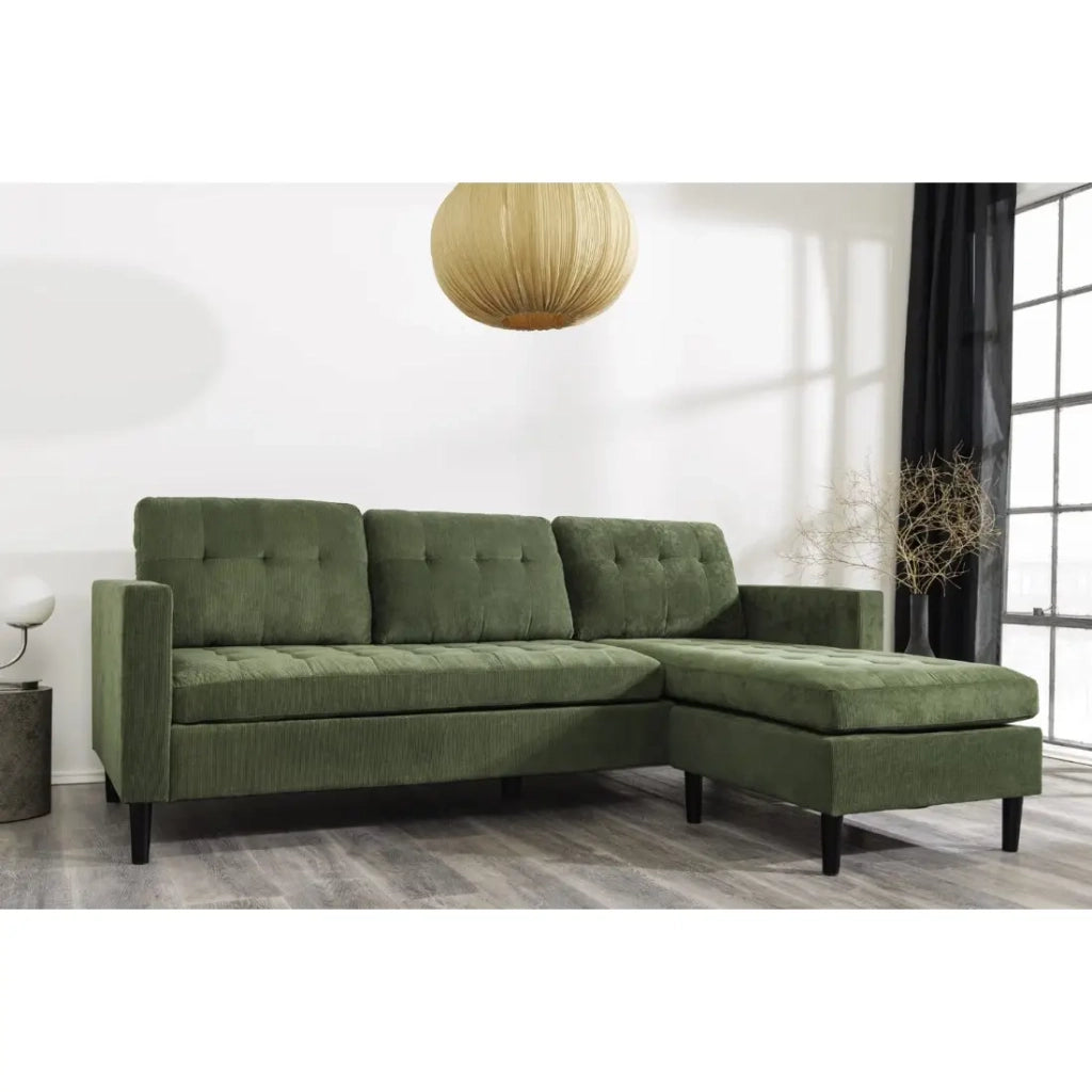 Divano ad angolo CITY verde scuro reversibile – Divano contemporaneo in velluto a coste