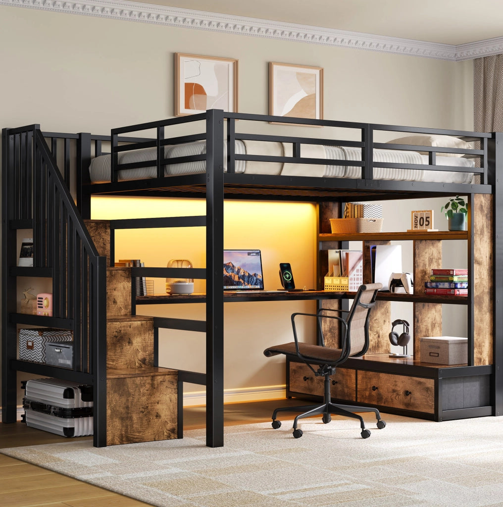 Letto a soppalco 140x200 cm con scrivania; libreria; cassetti e LED; nero in MDF e metallo