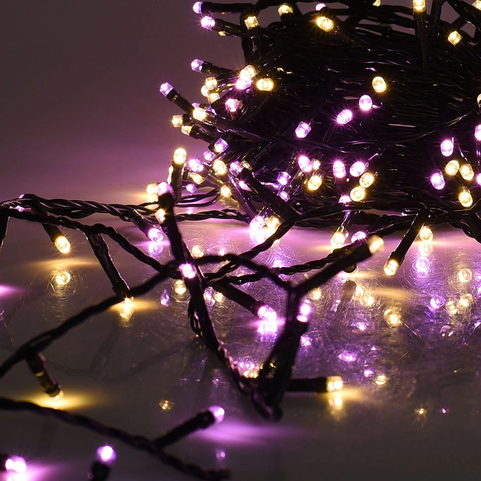 CATENA NATALIZIA 300 LED LUCE ROSA E GIALLA 15 METRI FILO VERDE - PER INTERNI ED ESTERNI IP44