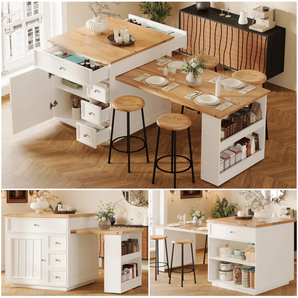 Isola Cucina Allungabile con Cassetti e Ruote ¨C MINIMAL ¨C Bianco, Piano Effetto Legno, 120-184 cm