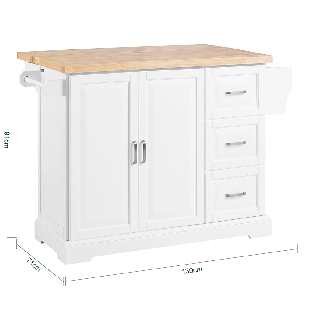 SoBuy | Isola cucina bianca con 4 ruote | Carrello cucina con 2 porte | Cucina a penisola con 3 cassetti | 128.0x71.0x90.5 cm | Capacità di carico 94 kg | FKW41-II-WN