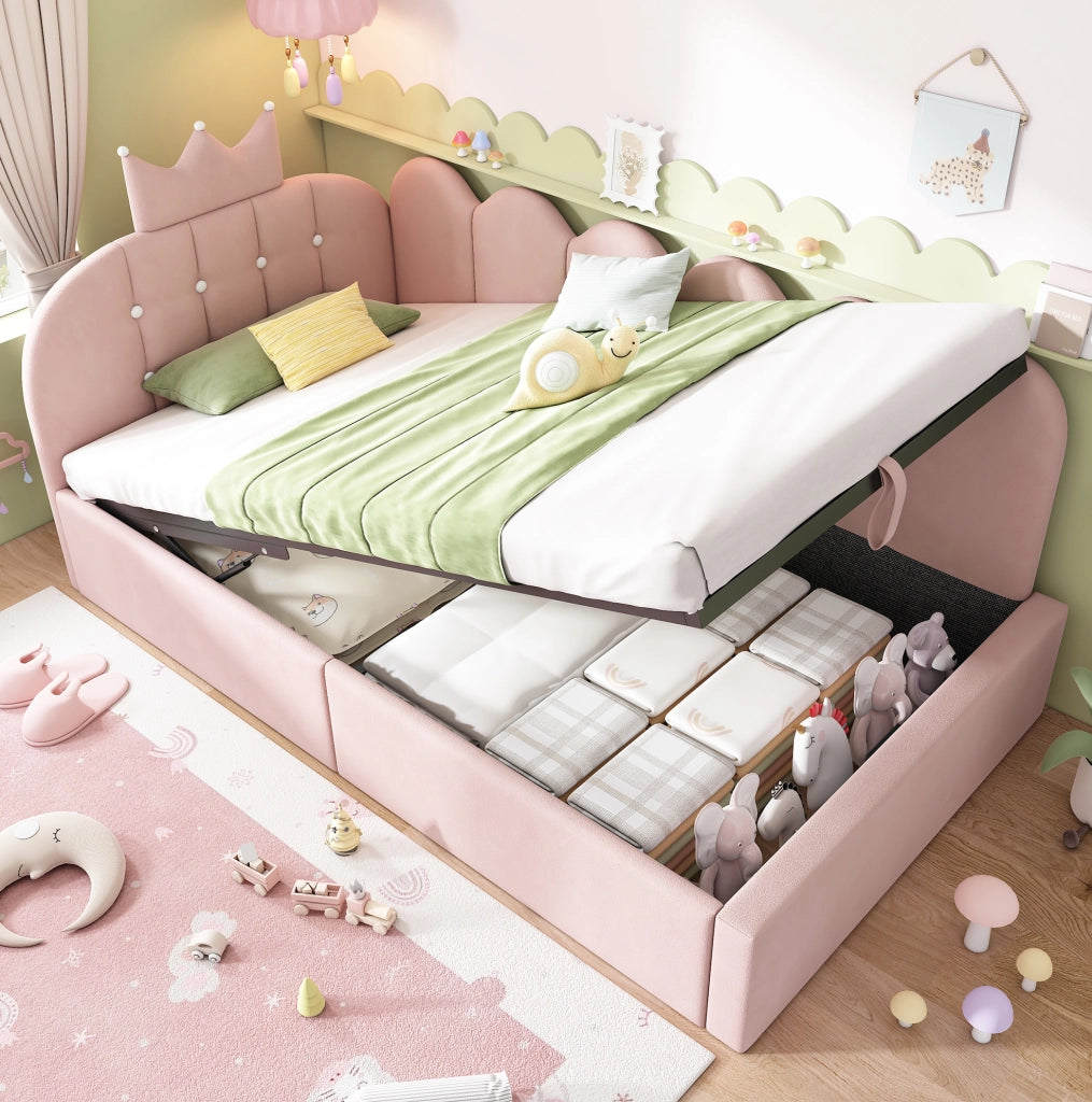 Letto da giorno imbottito 90x190 cm con contenitore idraulico rosa