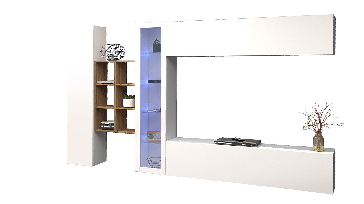 Parete Attrezzata Soggiorno 340x30x180 cm Maruska n°14 Bianco Lucido/Rovere Wotan